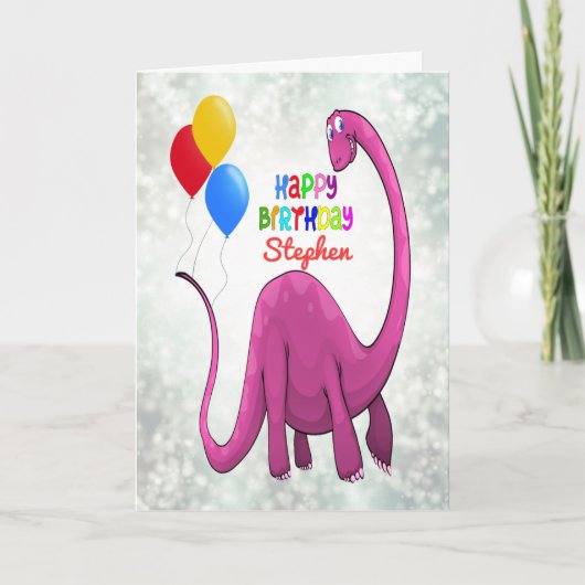 Voeg een naam toe Verjaardag Dinosaurus en Ballons Kaart (Voorkant)