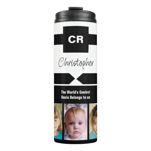 Voeg een naamfoto's toe initiaal zwart-wit thermosbeker (Voorkant)