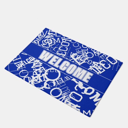 Voeg een tekstcollage toe in blauw en wit deurmat (Schuin)
