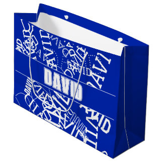 Voeg elke naam, naamcollage toe in blauw en wit groot cadeauzakje