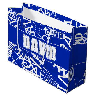 Voeg elke naam, naamcollage toe in blauw en wit groot cadeauzakje