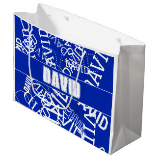 Voeg elke naam, naamcollage toe in blauw en wit groot cadeauzakje