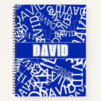 Voeg elke naam, naamcollage toe in blauw en wit notitieboek