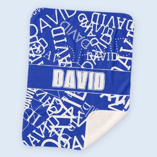 Voeg elke naam, naamcollage toe in blauw en wit sherpa deken