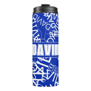 Voeg elke naam, naamcollage toe in blauw en wit thermosbeker