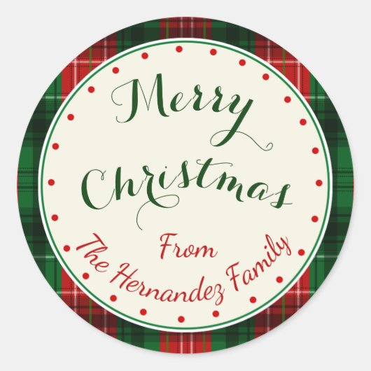 Voeg elke tekst Fun Holiday Christmas Plaid Ronde Sticker (Voorkant)