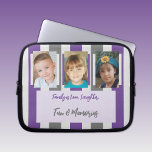 Voeg familiefoto's met strepen paars en grijs toe laptop sleeve<br><div class="desc">Een cadeauidee voor laptophoes. Dier- en koffieliefhebber. Vervang de 2 foto's met uw en voeg een naam toe. Paars en grijs.</div>