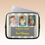 Voeg familiefoto's toe, geel en grijs laptop sleeve<br><div class="desc">Een cadeauidee voor laptophoes. Dier- en koffieliefhebber. Vervang de 2 foto's met uw en voeg een naam toe. Geel en grijs.</div>