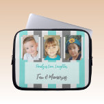 Voeg familiefoto's toe, stremsel groen en grijs laptop sleeve<br><div class="desc">Een cadeauidee voor laptophoes. Dier- en koffieliefhebber. Vervang de 2 foto's met uw en voeg een naam toe. Mint groen en grijs.</div>