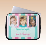 Voeg familiefoto's toe, stret groen en roze laptop sleeve<br><div class="desc">Een cadeauidee voor laptophoes. Dier- en koffieliefhebber. Vervang de 2 foto's met uw en voeg een naam toe. Mint groen en roze.</div>