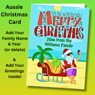 Voeg familienaam tekst, Santa Beach Selfie Christm Kaart