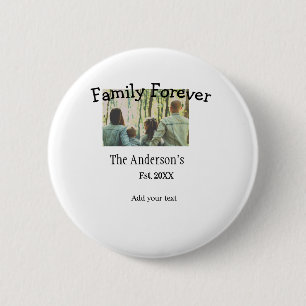 Voeg familienaam toe foto jaar rustieke vakantie ronde button 5,7 cm