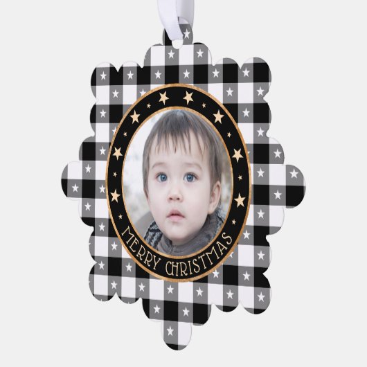    Voeg foto buffelplaid en sterren vrolijk kerstf Ornament Kaart (Links)