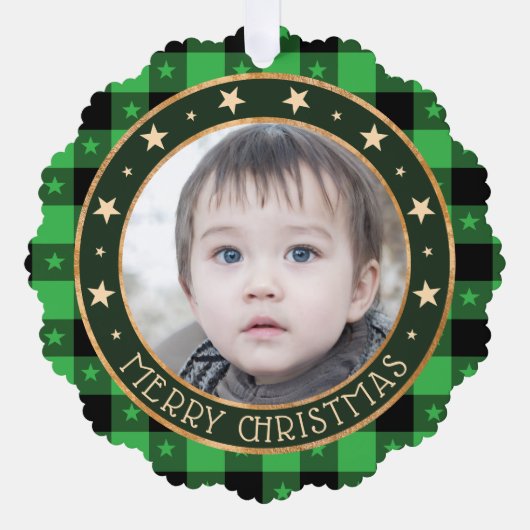    Voeg foto buffelplaid en sterren vrolijk kerstf Ornament Kaart (Voorkant)