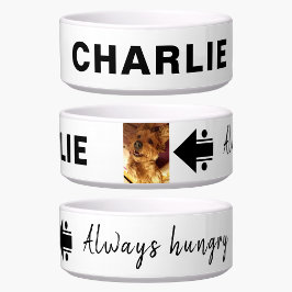 Voeg foto en naam hongerige zwarte witte hond toe voerbakje