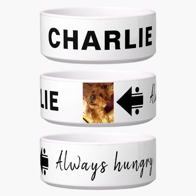 Voeg foto en naam hongerige zwarte witte hond toe voerbakje (Creator heeft geüpload)