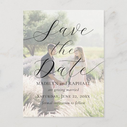 Voeg foto moderne script elegante save the date to briefkaart (Voorkant)