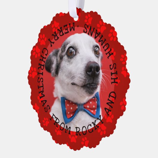Voeg foto & naam grappige Kerstmis hondenpootafdru Ornament Kaart (Links)