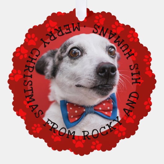 Voeg foto & naam grappige Kerstmis hondenpootafdru Ornament Kaart (Voorkant)