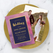 Voeg foto paars roze aquarel & goud bruiloft toe