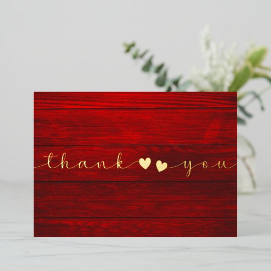 Voeg Foto Rustic Modern Script Red Wood toe Dank u Folie Feestdagenkaart (Staand Voorkant)