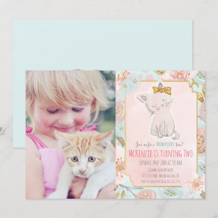 VOEG FOTO TOE - Cute Kitten Floral Birthday Uitnod Kaart