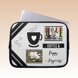 Voeg foto's toe die de koffievergooien zwart en gr laptop sleeve<br><div class="desc">Een cadeauidee voor laptophoes. Dier- en koffieliefhebber. Vervang de 2 foto's met uw en voeg een naam toe. Zwart en grijs.</div>