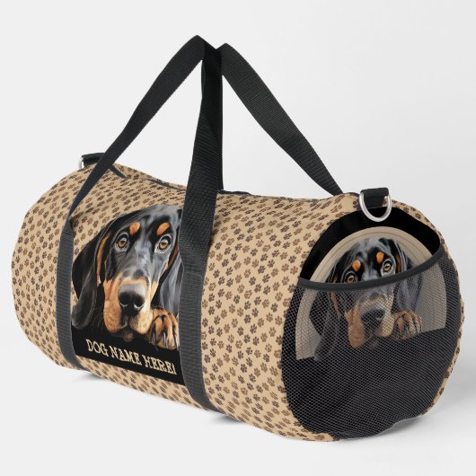 Voeg hondennaam, Jouw naam, zwart & tan coonhound  Plunjezak (Rechterhoek)