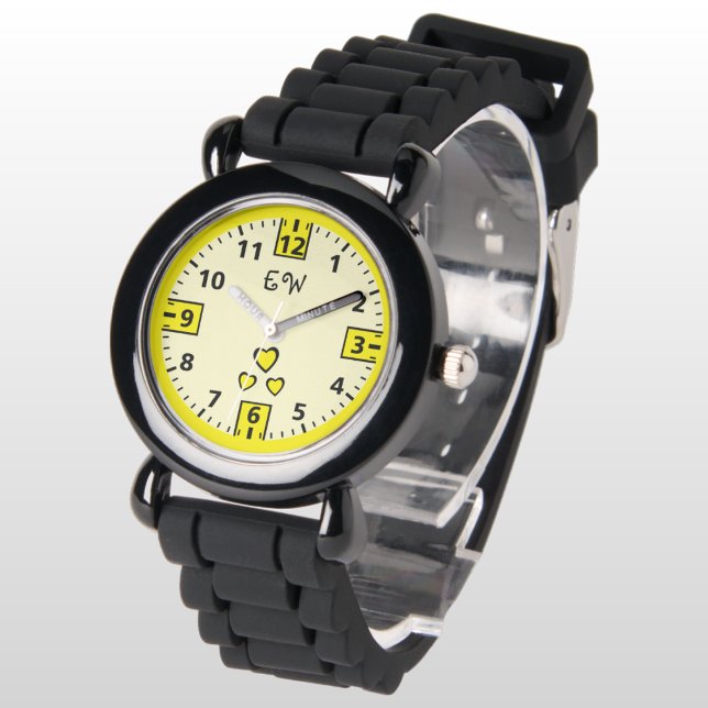 Voeg initialen hartjes geel kind toe horloge (Creator heeft geüpload)