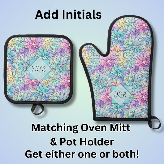 Voeg Initialen toe, pastel Abstract Flowers Ovenwant & Pannenlap Set
