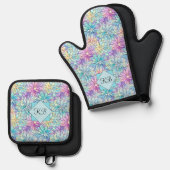Voeg Initialen toe, pastel Abstract Flowers Ovenwant & Pannenlap Set (Voorkant / Achterkant)