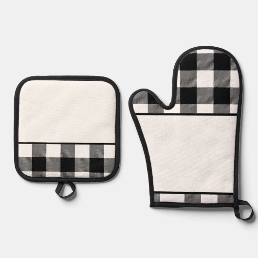 Voeg je Afbeelding/Logo toe Zwart-wit Buffalo Plai Ovenwant & Pannenlap Set (Voorkant)