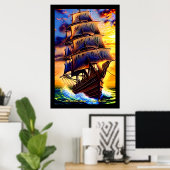 Voeg je eigen bericht Bruin Pirate Sailing Ship Po Poster (Thuiskantoor)