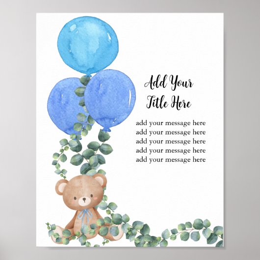 Voeg je eigen bericht toe Beer Blue Balloon Eucaly Poster (Voorkant)