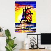 Voeg je eigen bericht toe, bruin blauw zeilschip poster (Thuiskantoor)