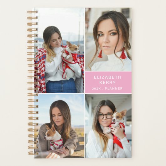 Voeg je eigen custom 4 foto collage roze toe planner (Voorkant)