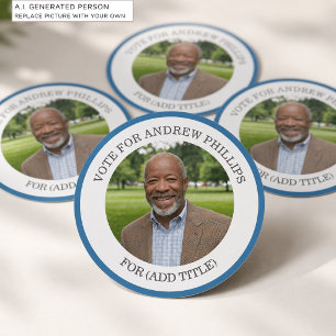 Voeg je eigen foto en verkiezingscampagne titel to ronde sticker