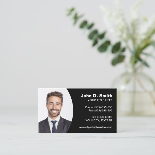 Voeg je eigen foto toe modern professioneel zwart visitekaartje (Staand voorkant)