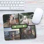 Voeg je eigen hond fotocollage groen toe muismat<br><div class="desc">Voeg je eigen dierenfoto's toe. Design beschikt over 4 foto's op een raster met stevige rechthoek in het midden met het woord "love" en accent harten aan elke kant.</div>