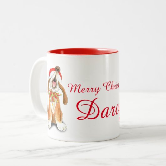 Voeg je eigen naam kerstzingende hond rood toe tweekleurige koffiemok (Voorkant links)
