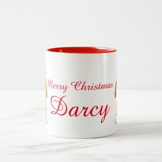 Voeg je eigen naam kerstzingende hond rood toe tweekleurige koffiemok (Center)