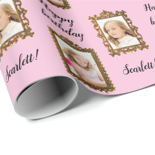 Voeg je FOTO en NAAM Roze Birthday Wrapping Paper  Cadeaupapier