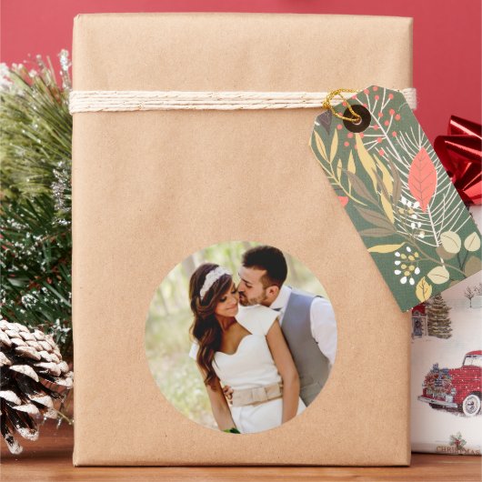 Voeg je foto klassieke ronde sticker toe (Feestdagen)