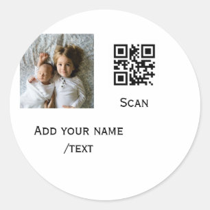 Voeg je foto of barcode naam tekst details eenvoud ronde sticker