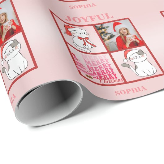 Voeg je foto toe aan de Schattigee Santa Cat roze Cadeaupapier (Rol Hoek)