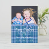 Voeg je foto toe Blue Plaid Christmas Kaart (Staand voorkant)