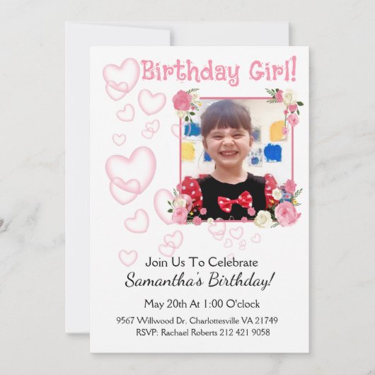 Voeg je foto toe Pink Hearts Girl Birthday Kaart (Voorkant)