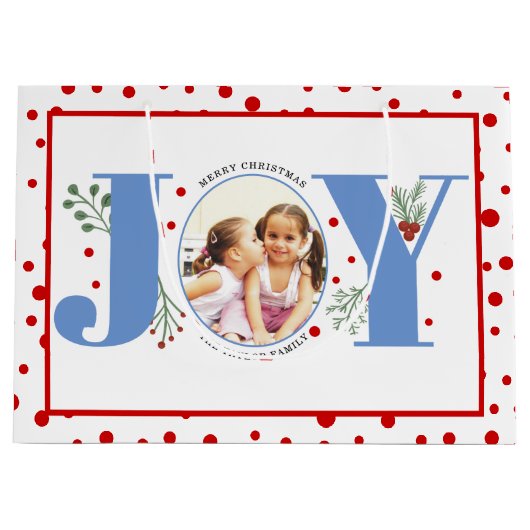 Voeg je foto's blauwe JOY en rode stippen toe Groot Cadeauzakje (Voorkant)