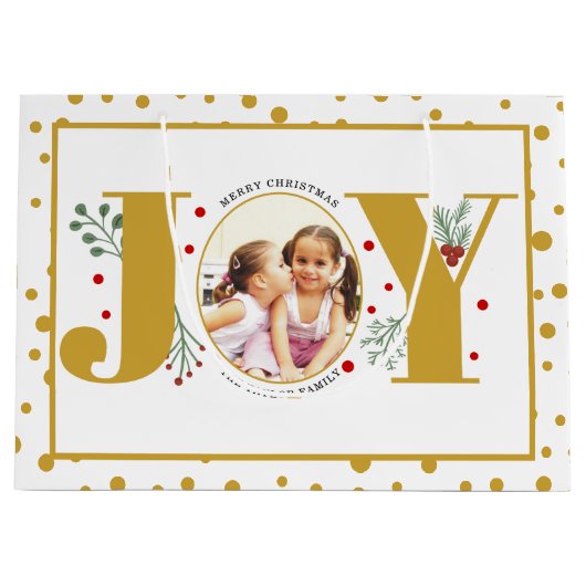 Voeg je foto's goud JOY en polka dots Groot Cadeauzakje (Voorkant)