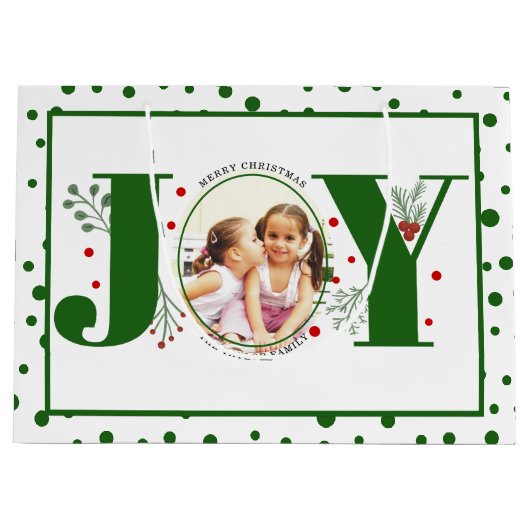 Voeg je foto's groene JOY en polka dots Groot Cadeauzakje (Voorkant)